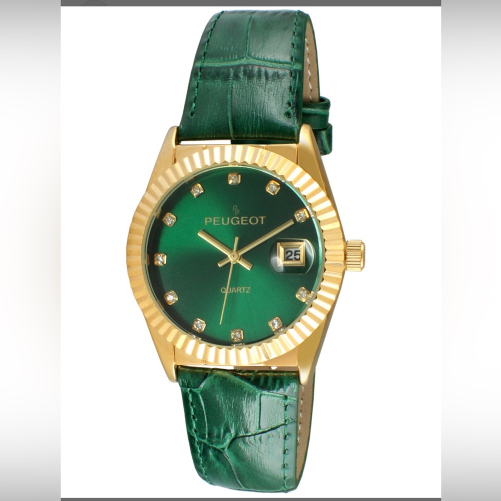 Peugeot Green and Gold Watch. 36mm fluted bezel with leather strap.